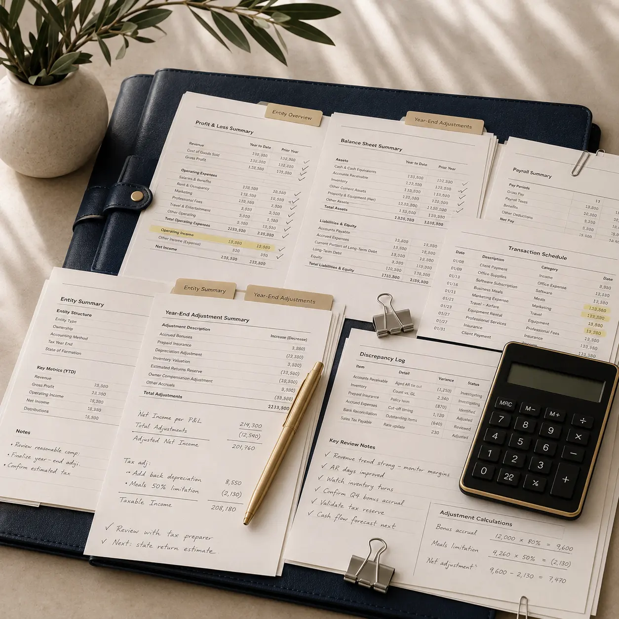 Organized business folios and documents with gold pen