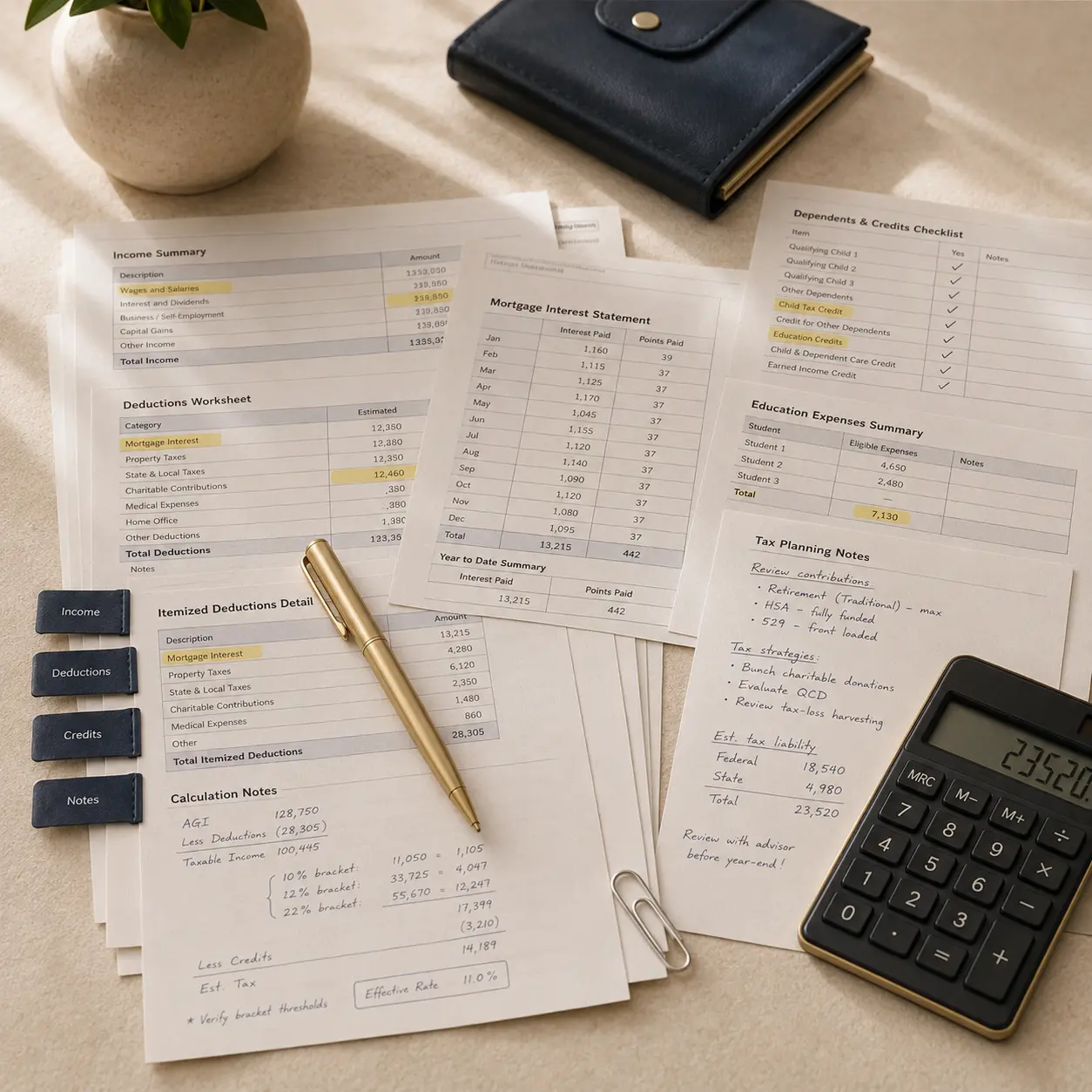 Organized individual tax documents with navy envelope and gold pen