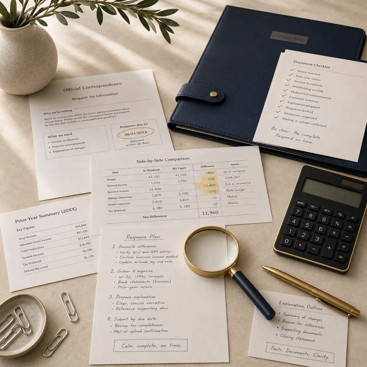 Tax correspondence under careful review with a magnifying glass